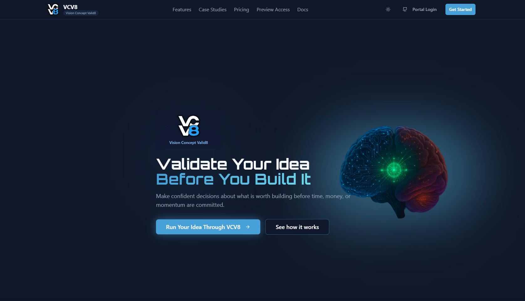 Earlier VCV8 homepage hero with the headline Validate Your Idea Before You Build It