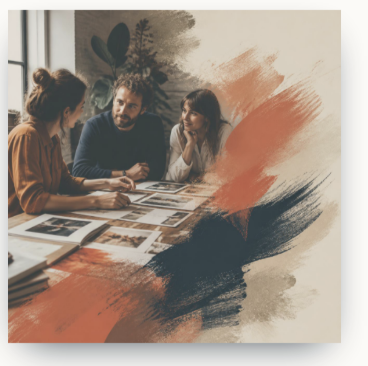 A candid Studio78 working session over printed marketing materials