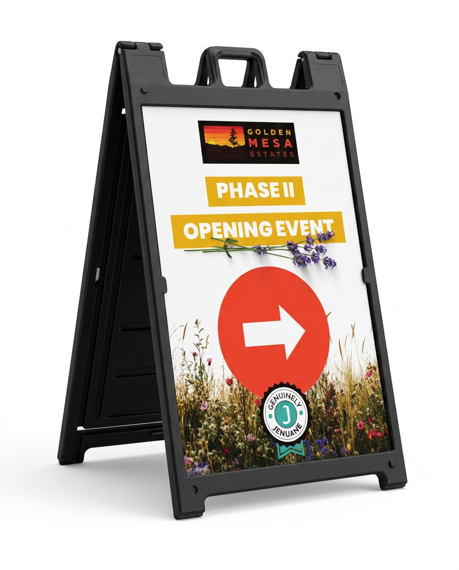 Golden Mesa Phase II Opening Event artwork displayed in a black freestanding A-frame sidewalk sign
