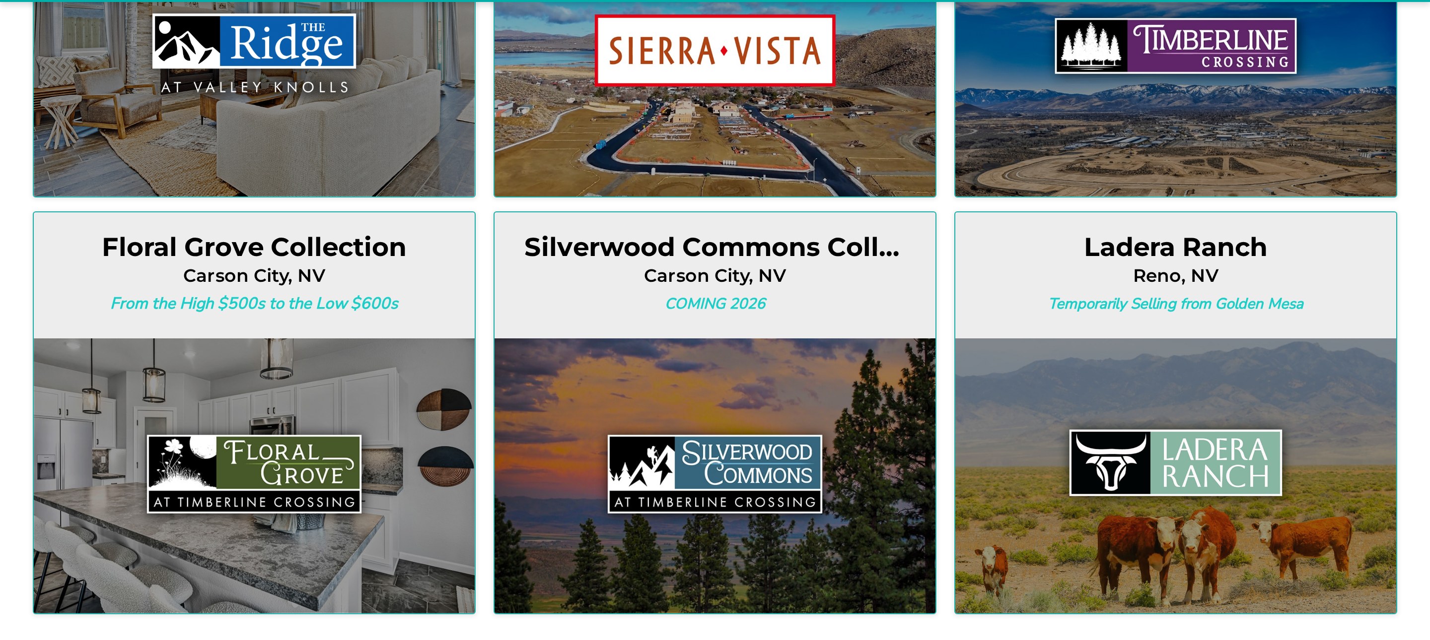 Jenuane Communities website showing the community selection grid with The Ridge, Sierra Vista, Timberline Crossing, Floral Grove, Silverwood Commons, and Ladera Ranch