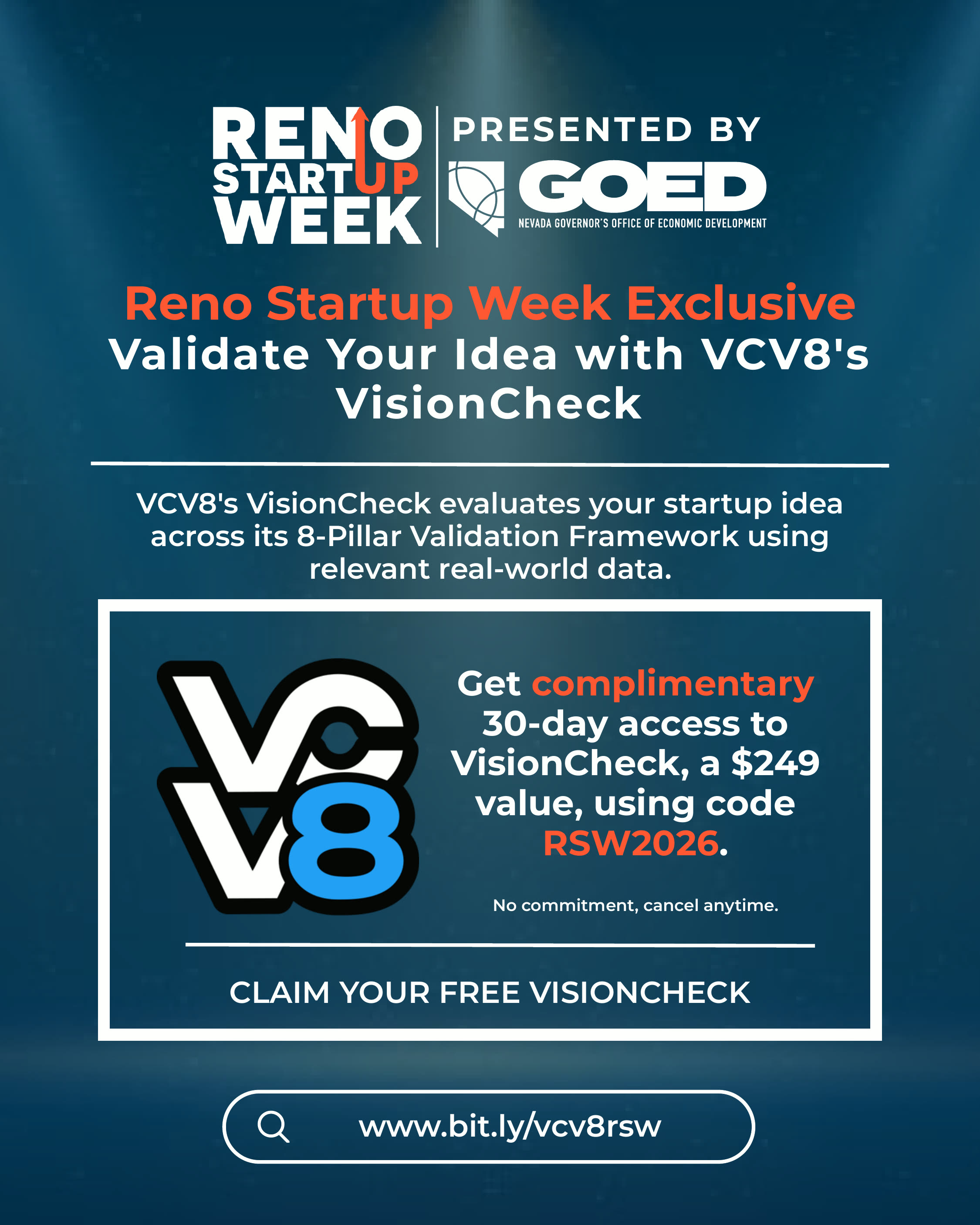 Portrait VCV8 Reno Startup Week campaign creative offering complimentary 30-day access with code RSW2026