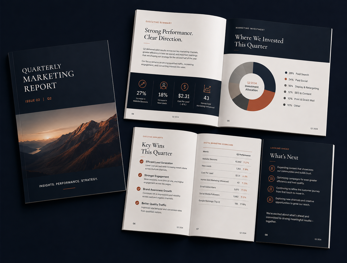 Studio78 quarterly marketing report shown as an open magazine spread