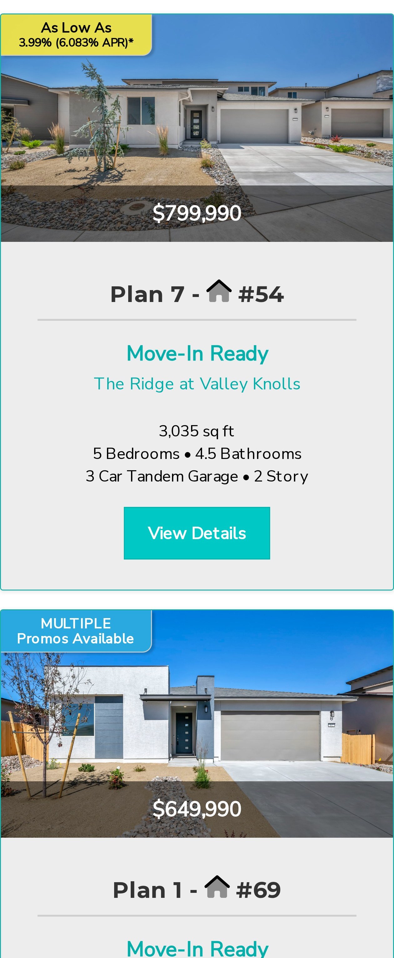 Move-in ready home listings on the Jenuane Communities mobile site showing photography, pricing, square footage, and floor plan details