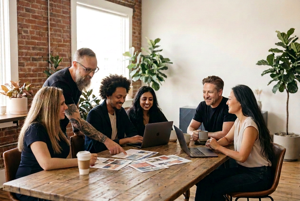 The Studio78 team collaborating around a shared table