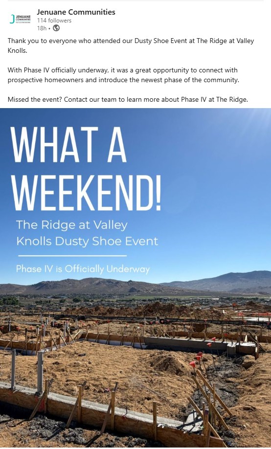 Jenuane Communities social post recapping the Dusty Shoe event at The Ridge at Valley Knolls
