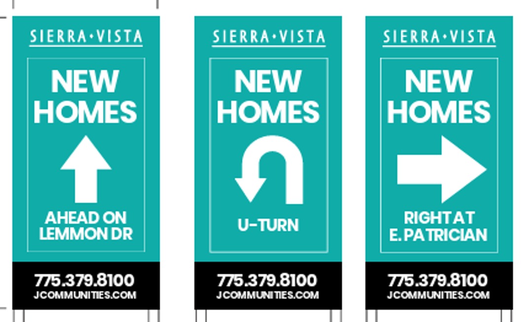 Sierra Vista directional sign variations — straight ahead, U-turn, and right turn — from the wayfinding production artwork
