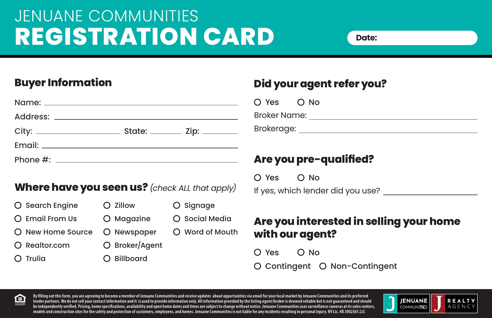 Printed Jenuane Communities registration card used in the sales experience