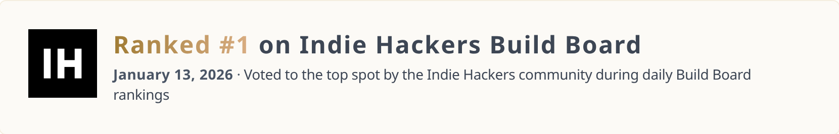 VCV8 website banner: Ranked #1 on Indie Hackers Build Board, January 13, 2026