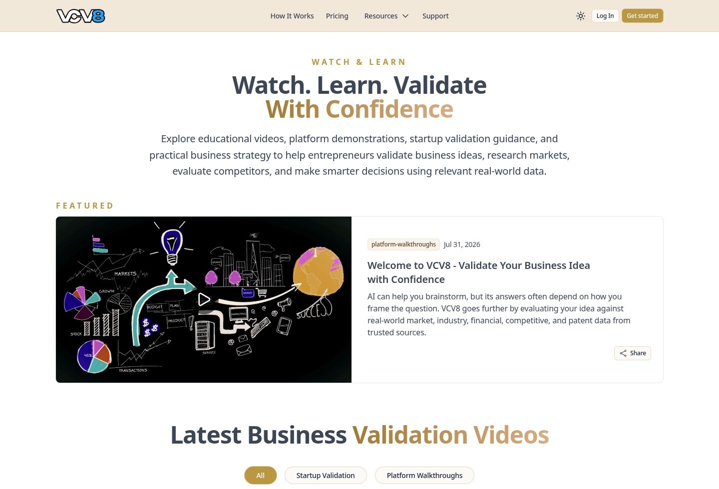 VCV8 Watch and Learn library organizing educational videos by platform walkthroughs and startup validation